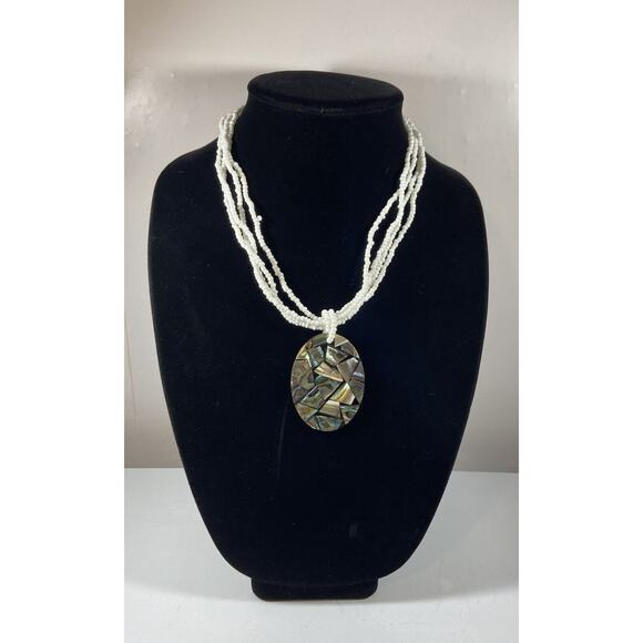 4 Strand White Seed Bead Necklace w Large Oval Abalone Pendant Beach Mermaid - Picture 1 of 9